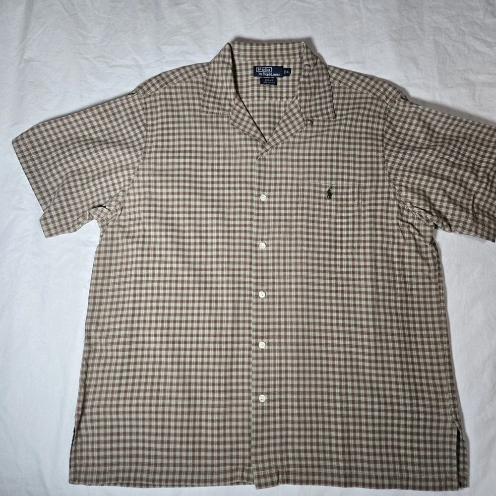 VTG Polo Ralph Lauren Adams Shirt Mens XL Tan Check  Loop Collar Short Sleeve‎